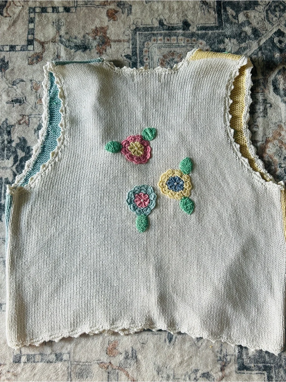 Mandal Bay Floral Crochet Vest in Yellow & Light Blue